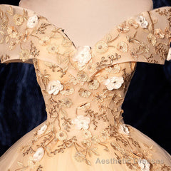 Champagne Tulle Flowers Off Shoulder Sweet 16 Party Dress, Long Prom Dress, Formal Gown