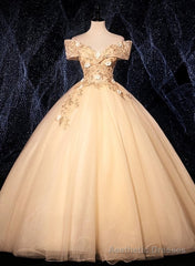 Champagne Tulle Flowers Off Shoulder Sweet 16 Party Dress, Long Prom Dress, Formal Gown