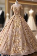 Champagne Tulle Gold Lace Appliques Beaded Sequins Wedding Dresses