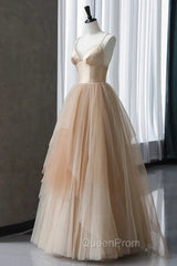 Champagne Tulle Gradient Tulle Straps Long Evening Dresses, Charming Evening Gown