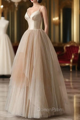 Champagne Tulle Gradient Tulle Straps Long Evening Dresses, Charming Evening Gown