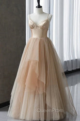 Champagne Tulle Gradient Tulle Straps Long Evening Dresses, Charming Evening Gown
