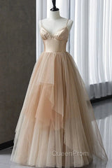 Champagne Tulle Gradient Tulle Straps Long Evening Dresses, Charming Evening Gown