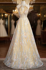 Champagne Tulle Halter Beading Evening Prom Dresses