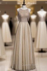 Champagne Tulle Hand Work Beading Long Evening Prom Dresses