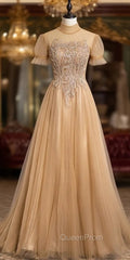 Champagne Tulle High Neck Backless Evening Prom Dresses