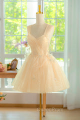 Champagne Tulle Knee Length Evening Prom Dresses, Lovely A-Line Party Homecoming Dresses