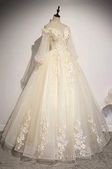 Champagne Tulle Lace Floor Length Evening Prom Dresses, Off Shoulder Long Sleeve Evening Dresses