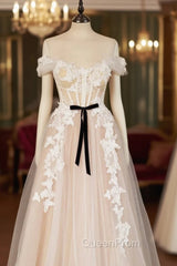 Champagne Tulle Lace Long Evening Prom Dresses, A-Line Off the Shoulder Evening Dresses