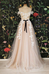 Champagne Tulle Lace Long Evening Prom Dresses, A-Line Off the Shoulder Evening Dresses