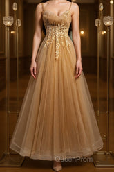 Champagne tulle lace long Evening Prom Dresses champagne formal Dresses