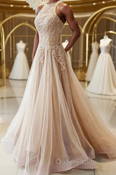 Champagne tulle lace long Evening Prom Dresses, champagne tulle evening Dresses