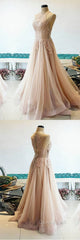 Champagne tulle lace long Evening Prom Dresses, champagne tulle evening Dresses