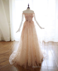 Champagne Tulle Lace Long Prom Dress Champagne Tulle Lace Evening Dress