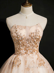 Champagne Tulle Lace Short Evening Prom Dresses, Puffy Champagne Homecoming Dresses