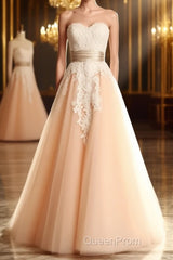 Champagne Tulle Lace Tea Pearl Evening Prom Dresses, Lace Wedding Dresses