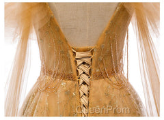 Champagne Tulle Lace V-neckline Beaded Unique Floor Length Party Dresses, New Evening Prom Dresses Evening Dresses