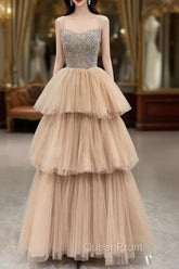 Champagne Tulle Layers Long A-Line Evening Prom Dresses, Spaghetti Strap Beaded Evening Dresses