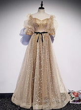 Champagne Tulle Long Party Dresses, Short Sleeves A-line Evening Dresses Evening Dresses