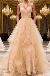 Champagne tulle long Evening Prom Dresses, champagne evening Dresses