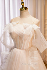 Champagne Tulle Long Evening Prom Dresses, Spaghetti Strap Evening Dresses with Bow