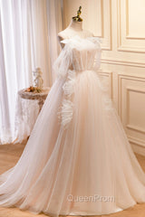 Champagne Tulle Long Evening Prom Dresses, Spaghetti Strap Evening Dresses with Bow