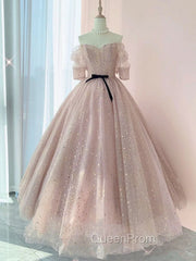 Champagne Tulle Long Evening Prom Dresses ,Tulle Lace Evening Dresses