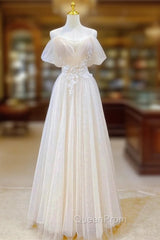 Champagne Tulle Long Evening Prom Dresses with Lace, Off the Shoulder Evening Dresses