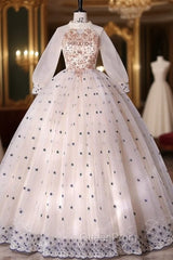 Champagne Tulle Long Sleeve High Neck Quinceanera Dresses