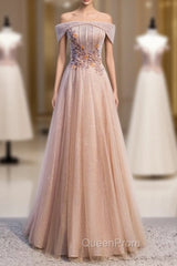Champagne Tulle Off the Shoulder Beading Evening Prom Dresses