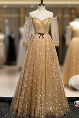 Champagne Tulle Off the Shoulder Embroidery Long Sleeve Evening Prom Dresses