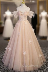 Champagne Tulle Off the Shoulder Flower Evening Prom Dresses