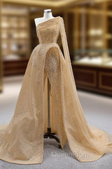 Champagne Tulle One Shoulder Pearls Evening Prom Dresses