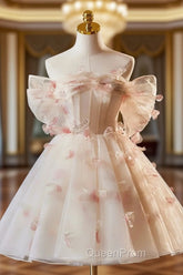 Champagne Tulle Print Knee Length Evening Prom Dresses, Lovely Off the Shoulder Backless Party Dresses