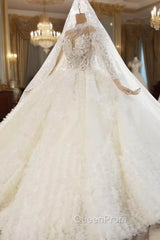 Champagne Tulle Ruffles Long Sleeve High Neck Wedding Dresses