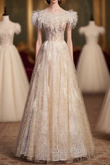 Champagne Tulle Sequins Beading Feather Evening Prom Dresses
