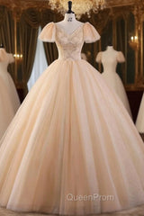 Champagne Tulle Sequins Beading Quinceanera Dresses
