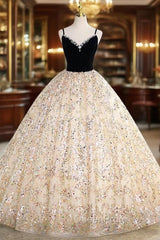 Champagne Tulle Sequins Black Velvet Crystal Quinceanera Dresses