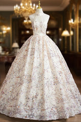 Champagne Tulle Sequins Halter Quinceanera Dresses