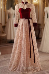 Champagne Tulle Sequins High Neck Long Sleeve Evening Prom Dresses