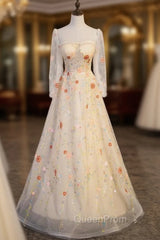 Champagne Tulle Sequins Long Sleeve Square Evening Prom Dresses