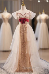 Champagne Tulle Sequins Pearls Evening Prom Dresses