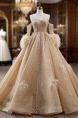 Champagne Tulle Sequins Evening Prom Dresses With Detachable Sleeve