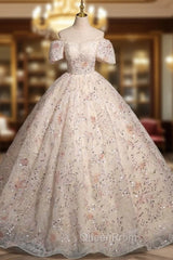Champagne Tulle Sequins Puff Sleeve Pleats Quinceanera Dresses