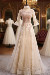 Champagne Tulle Sequins Short Sleeve Beading Evening Prom Dresses