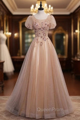 Champagne Tulle Sequins Short Sleeve Beading Sequins Evening Prom Dresses
