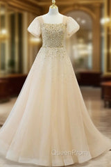 Champagne Tulle Sequins Square Short Sleeve Evening Prom Dresses