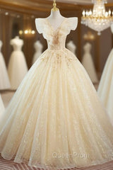 Champagne Tulle Sequins V-neck Beading Quinceanera Dresses