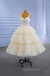 Champagne Tulle Short Evening Prom Dresses with Beaded, A-Line Tea Length Party Dresses