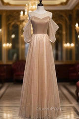 Champagne Tulle Short Sleeve Pearls Evening Prom Dresses